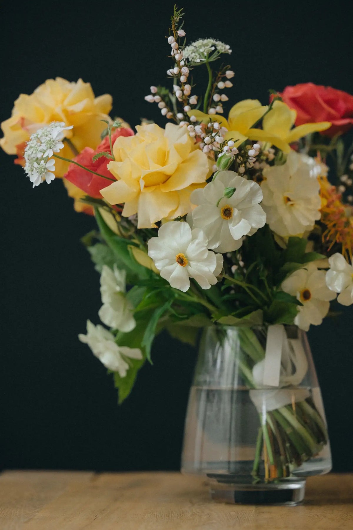 Custom designed large flower bouquet with roses cosmos and pincushion protea Austin delivery Kvetka Flower