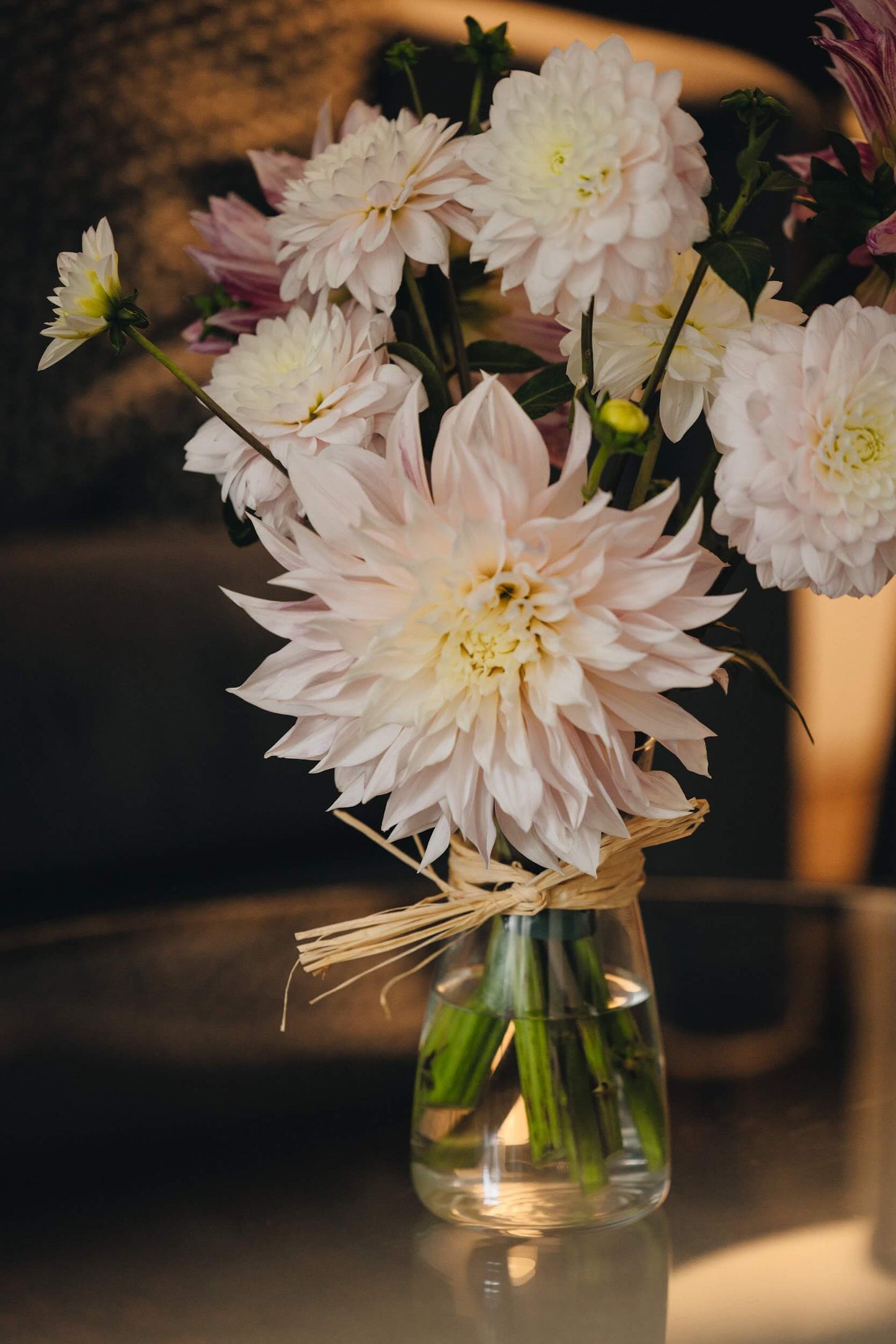 Close-up of soft pink dahlia petals in a fresh bouquet from Kvetka Flower, Portland OR