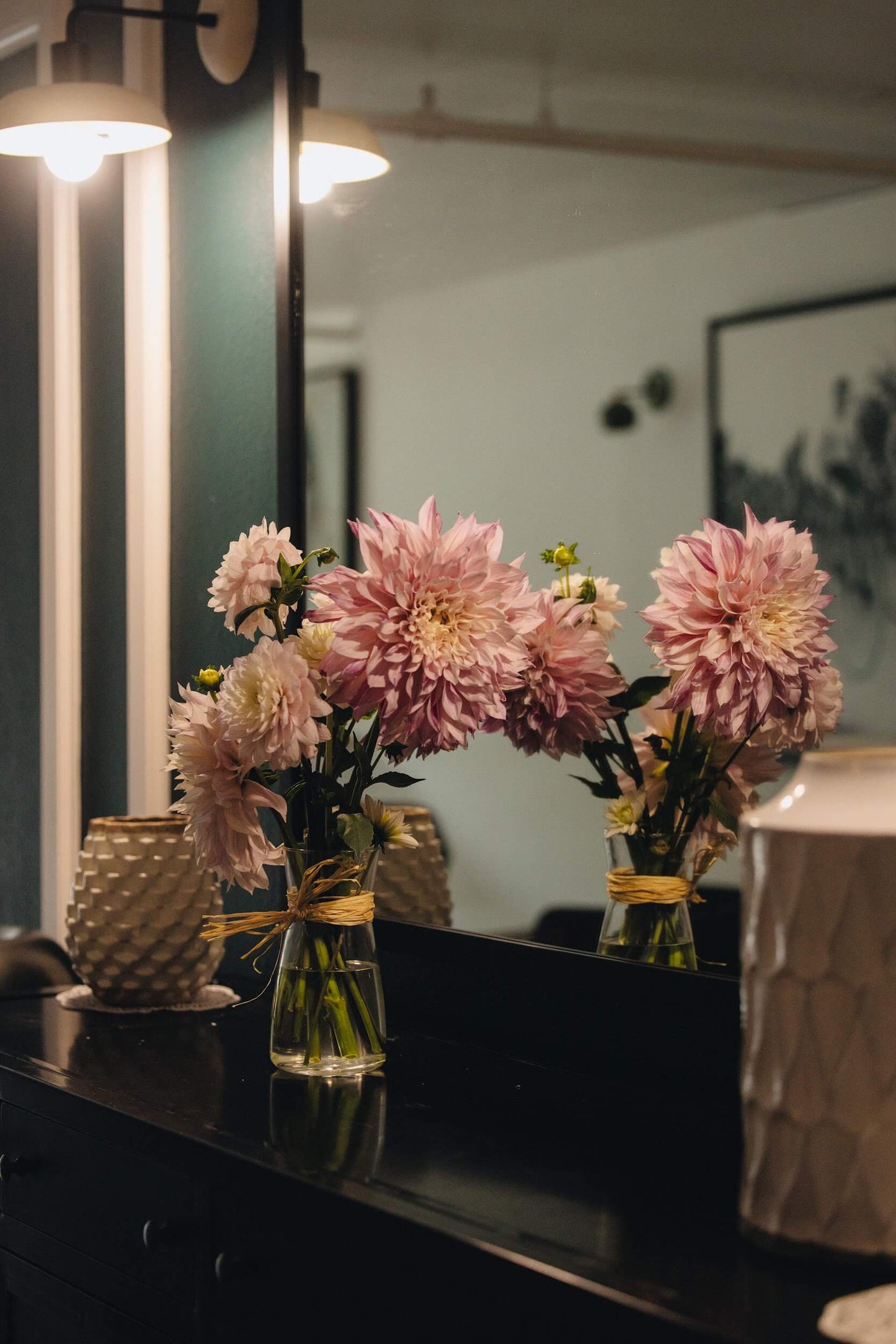 Dahlia bouquet reflected in mirror, styled for interior by Kvetka Flower Portland