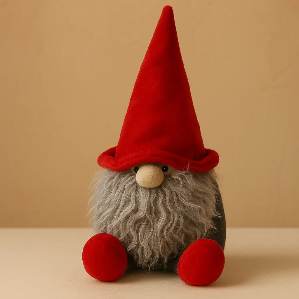 Plush gnome with a red hat and feet on a beige background