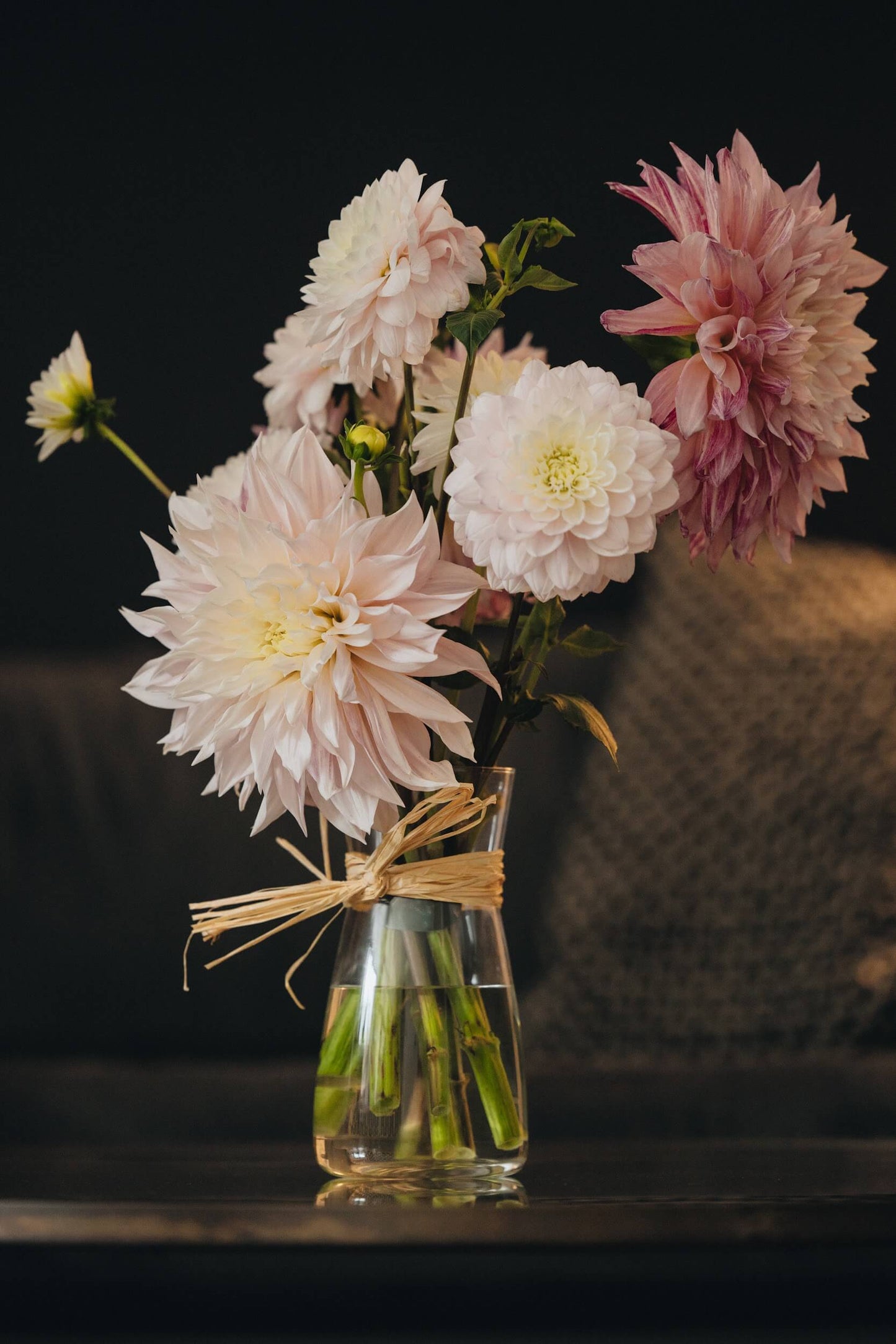 Pastel dahlia bouquet styled for home decor by Kvetka Flower, Portland OR