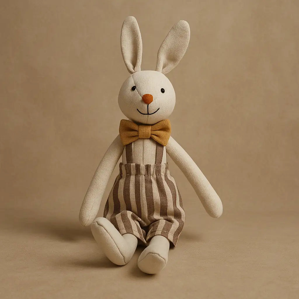 Handmade plush bunny in striped overalls and mustard bowtie – Cuddle Bunny by Kvetka Flower, Portland OR