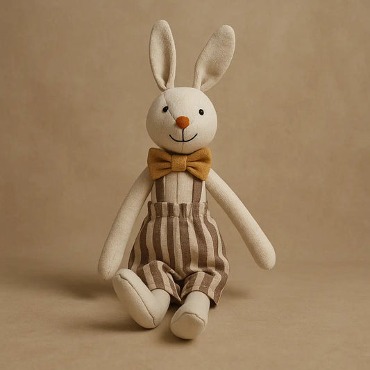 Handmade plush bunny in striped overalls and mustard bowtie – Cuddle Bunny by Kvetka Flower, Portland OR