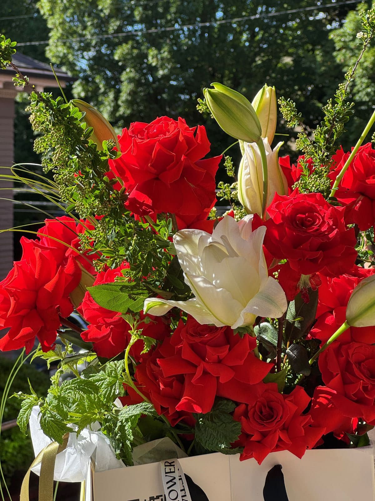 red rose and white lily bouquet Aurora | Luxury Red Roses & Lily Bouquet
