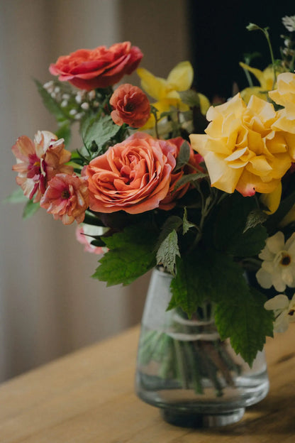 Custom flower arrangement large bright palette with coral and yellow roses by Kvetka Flower Portland