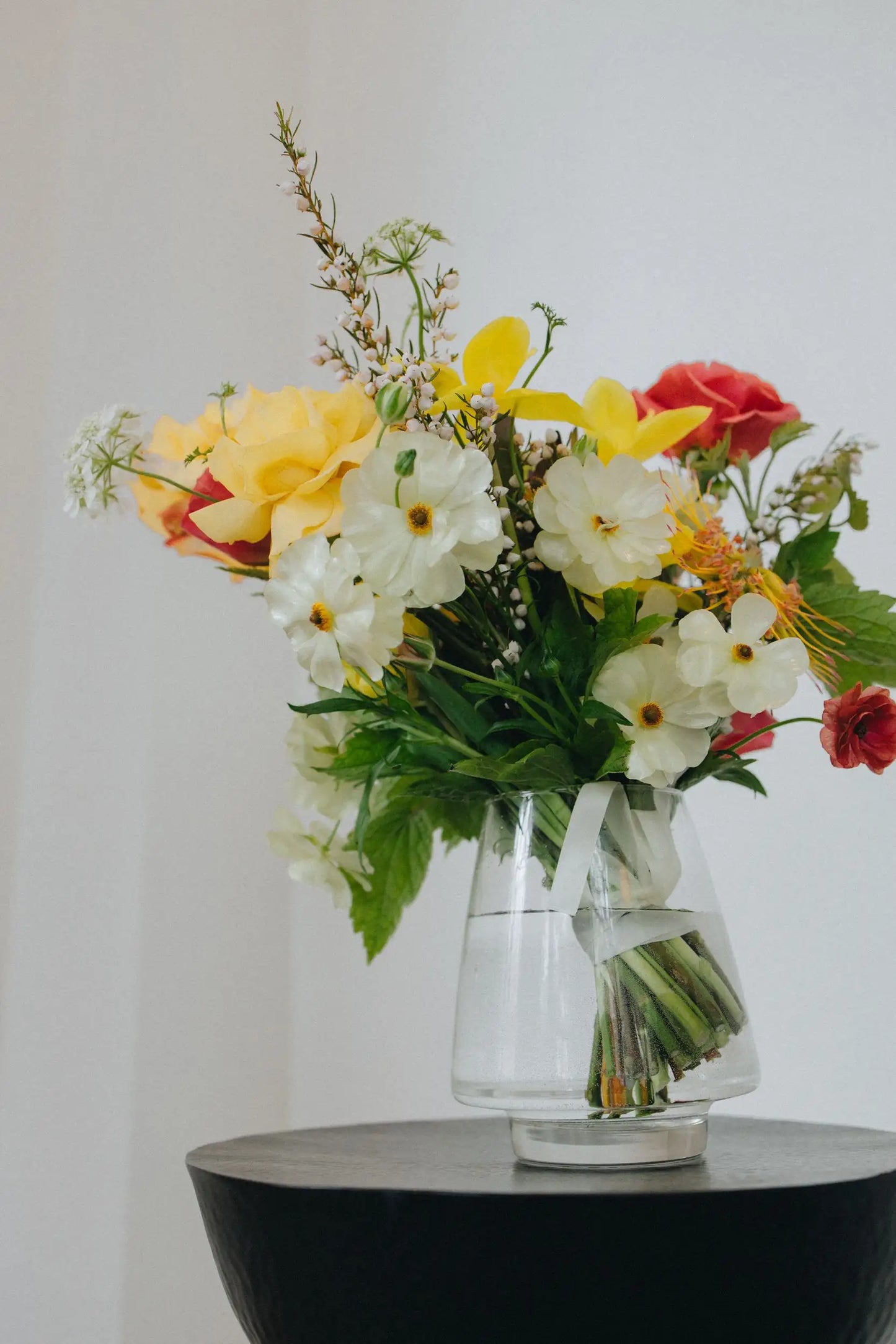 Custom flower bouquet large with garden roses white cosmos and waxflower in glass vase by Kvetka Flower Portland Oregon