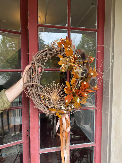 Natural grapevine wreath with dried foliage berries and silk ribbon handcrafted by Portland florist Kvetka Flower