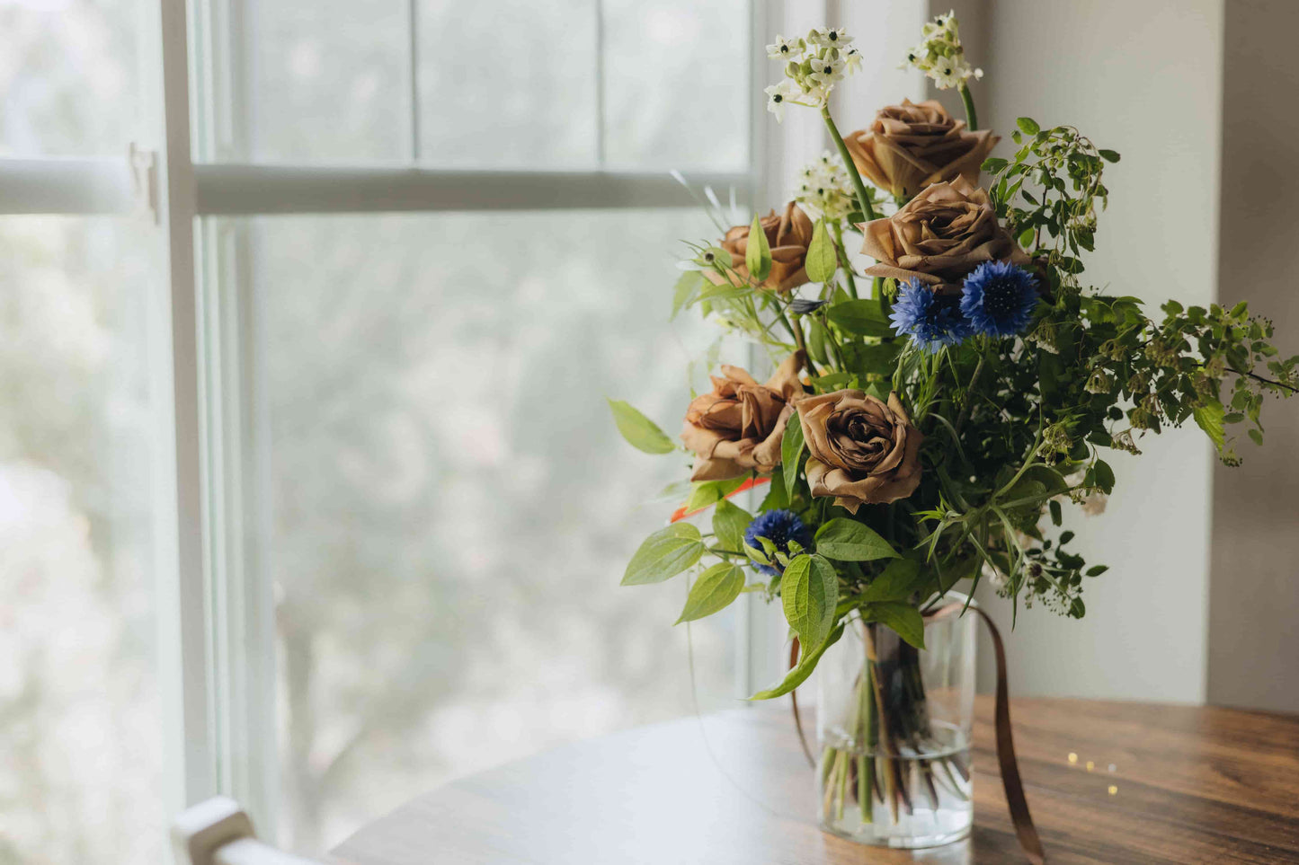 White and green buds with warm roses — detail from Evening Letter bouquet, Portland local flowers