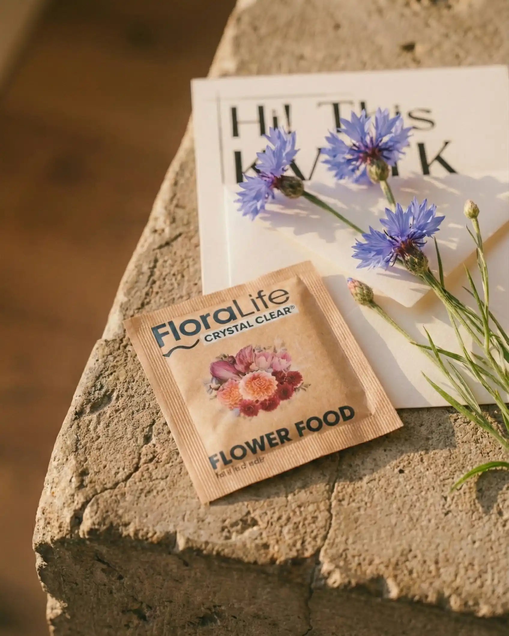 FloraLife flower food packet and care instructions card included with every Kvetka Flower bouquet