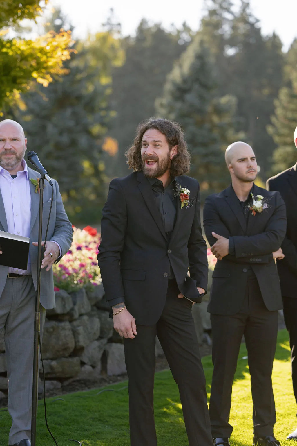 Groom's emotional reaction at the altar during a fall wedding ceremony.