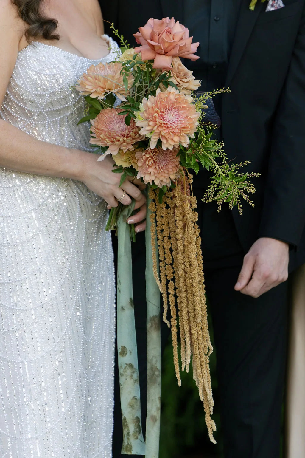Chrysanthemum and Barista rose trailing bridal bouquet with gold amaranthus, sage ribbon detail by Kvetka Flower Portland