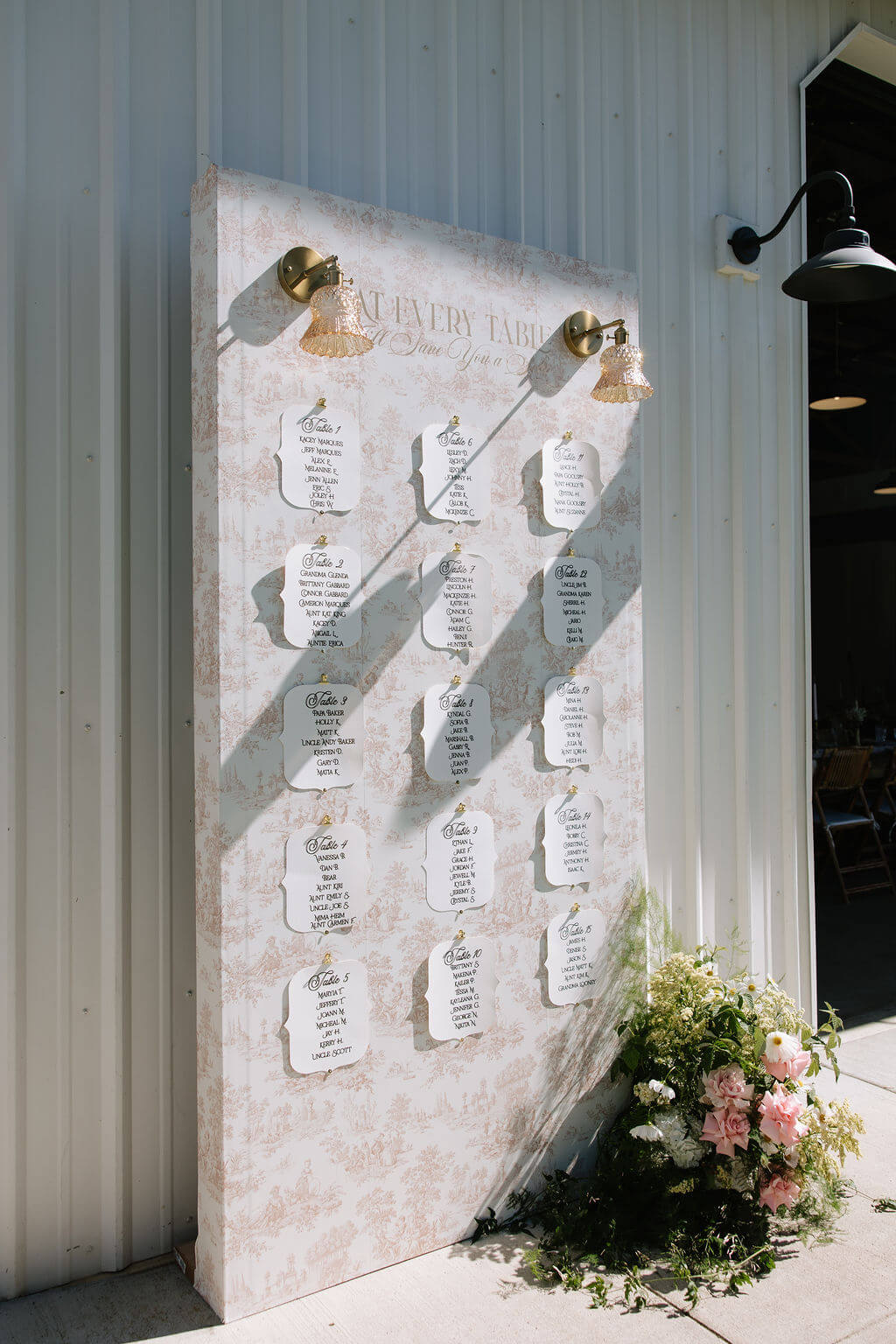 An elegant guest seating chart decorated with a floral arrangement of roses and hydrangea by Kvetka Flower.