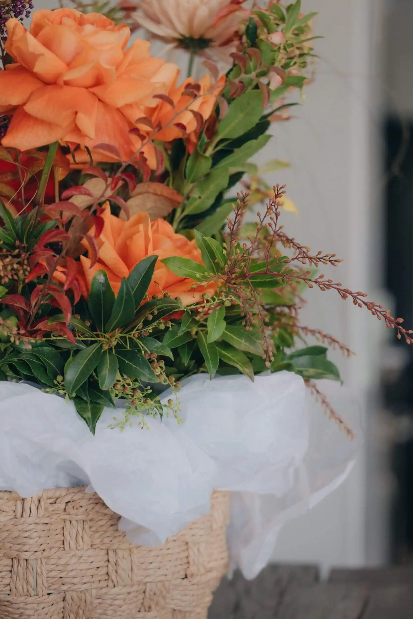 Orange roses with lush greenery in seasonal flower basket for home or office delivery