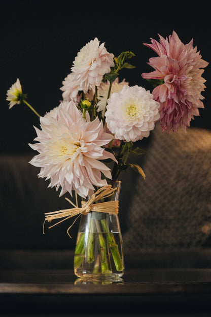 Pastel dahlia bouquet styled for home decor by Kvetka Flower, Portland OR