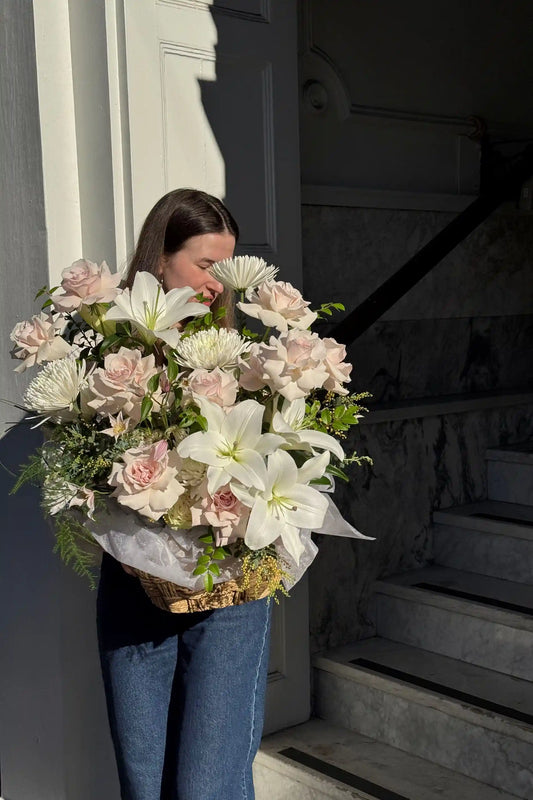 Romantic flower basket arrangement Valentine's Day anniversary gift Portland florist Kvetka Flower