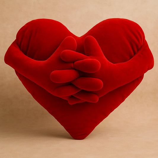 Red plush heart hugging itself with soft hands – Heart Hugger toy by Kvetka Flower, Portland OR

