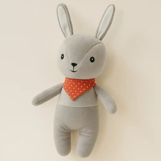 Gray plush bunny with red polka dot bandana – Sweet Bunny soft toy by Kvetka Flower, Portland OR
