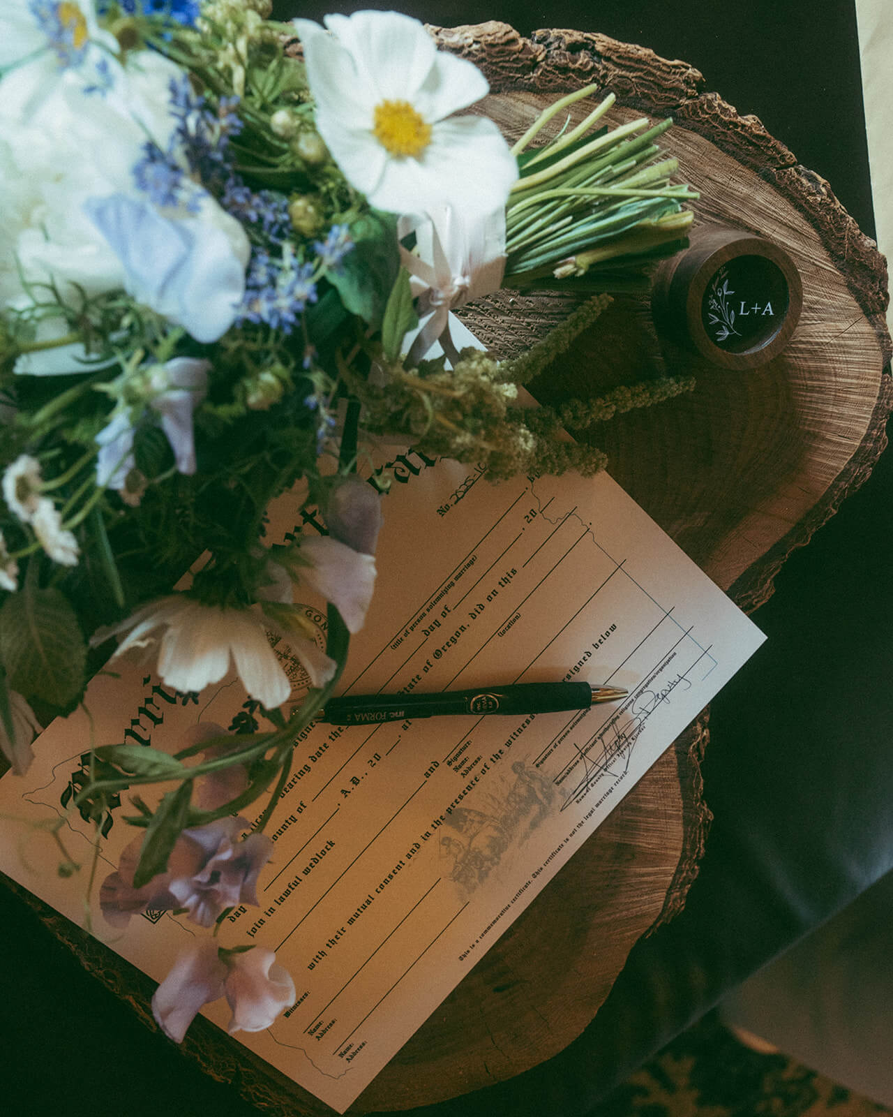 Wedding certificate with bridal bouquet styled by Kvetka Flower Portland OR